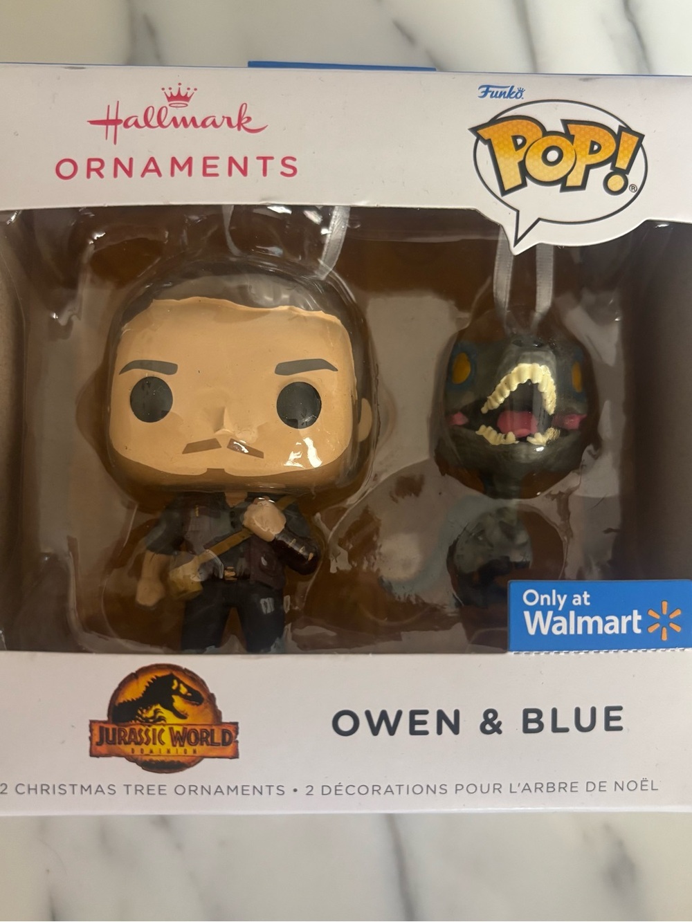 Hallmark Walmart Exclusive Jurassic World Funko Pop Owen and Blue Ornament.